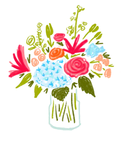illustrated image of red and blue floral bouquet with greenery